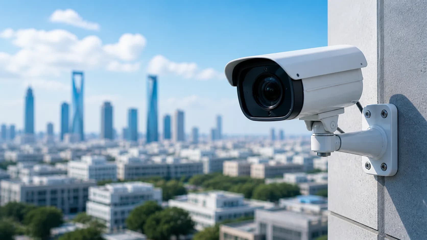A bright security operations setting with analysts, camera hardware, and digital monitoring visuals.