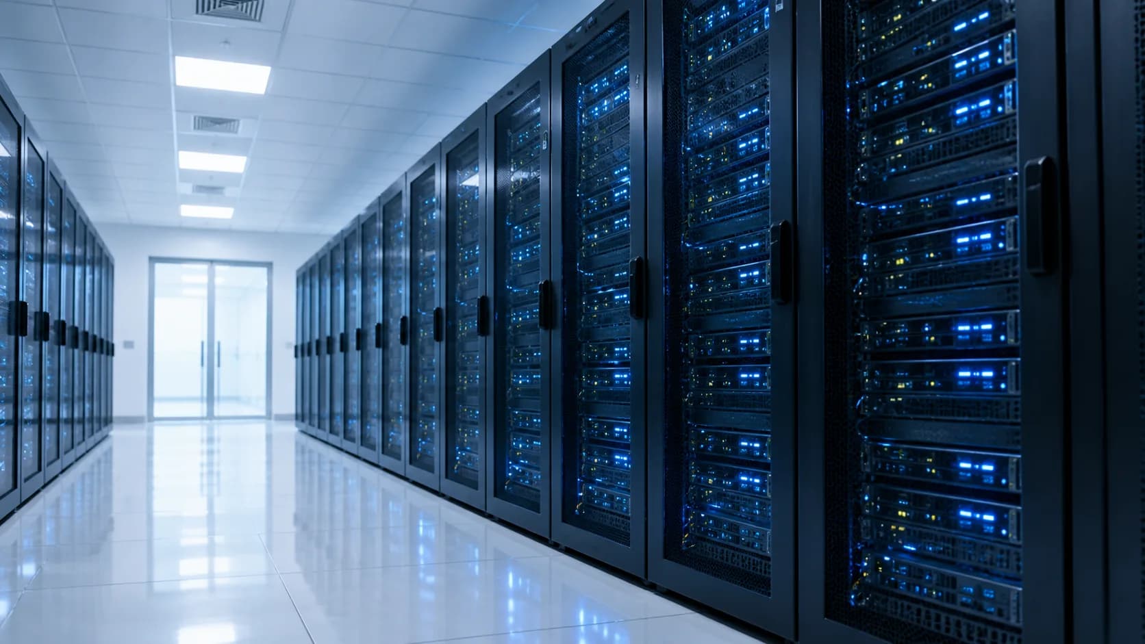 A modern data center with an engineer inspecting connected server infrastructure.