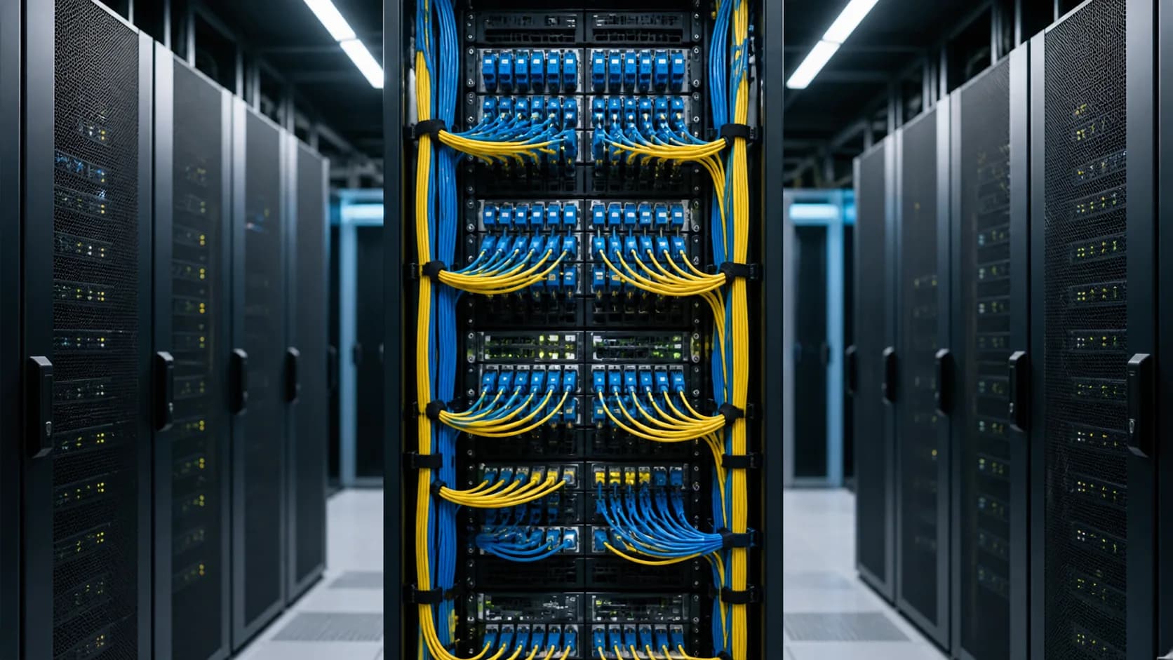 A close-up fibre optic cable network background with clean blue technology lighting.