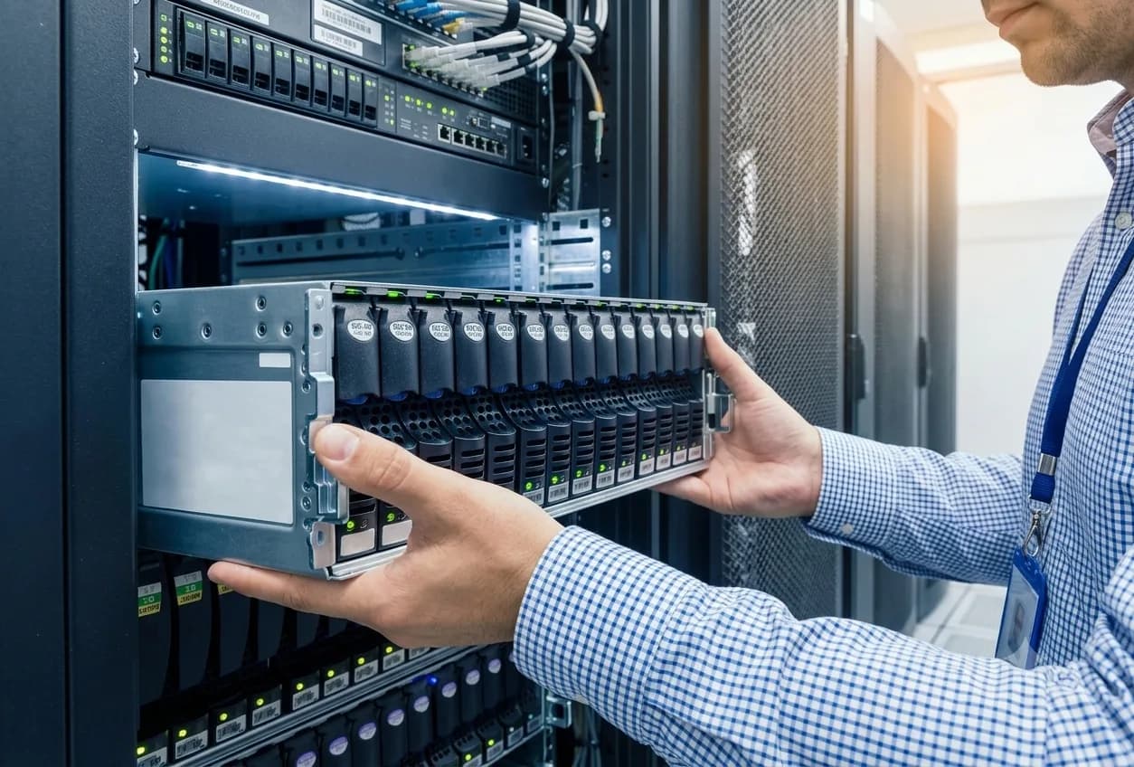 An engineer installing a server blade into a data centre rack