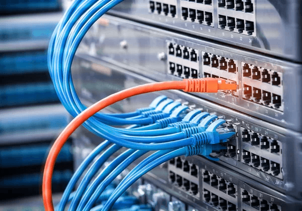 Network switch patch panels with blue and orange ethernet cables connected