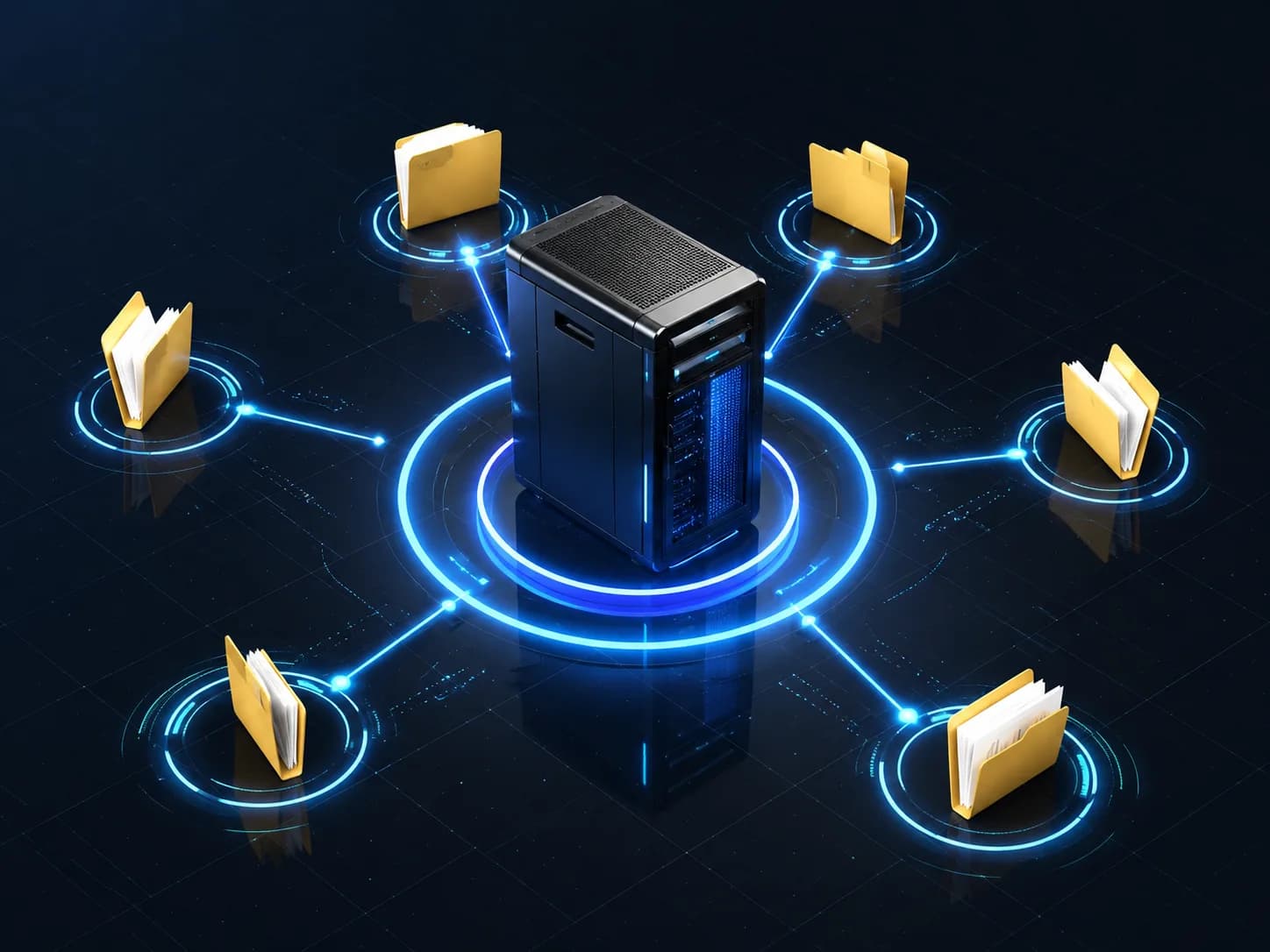 A central server linked to distributed file folders, illustrating integrated enterprise systems